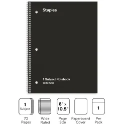 Staples 1-Subject Notebooks, 8" x 10.5", Wide Ruled, 70 Sheets, (ST24001C) Black Discount