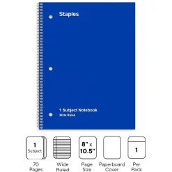 Staples 1-Subject Notebooks, 8" x 10.5", Wide Ruled, 70 Sheets, (ST24003C) Blue Best