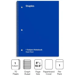Staples 1-Subject Notebooks, 8" x 10.5", Graph Ruled, 70 Sheets, (ST23985C) Blue
