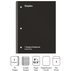 Staples 1-Subject Notebooks, 8" x 10.5", Graph Ruled, 70 Sheets, (ST23986C) Black Hot