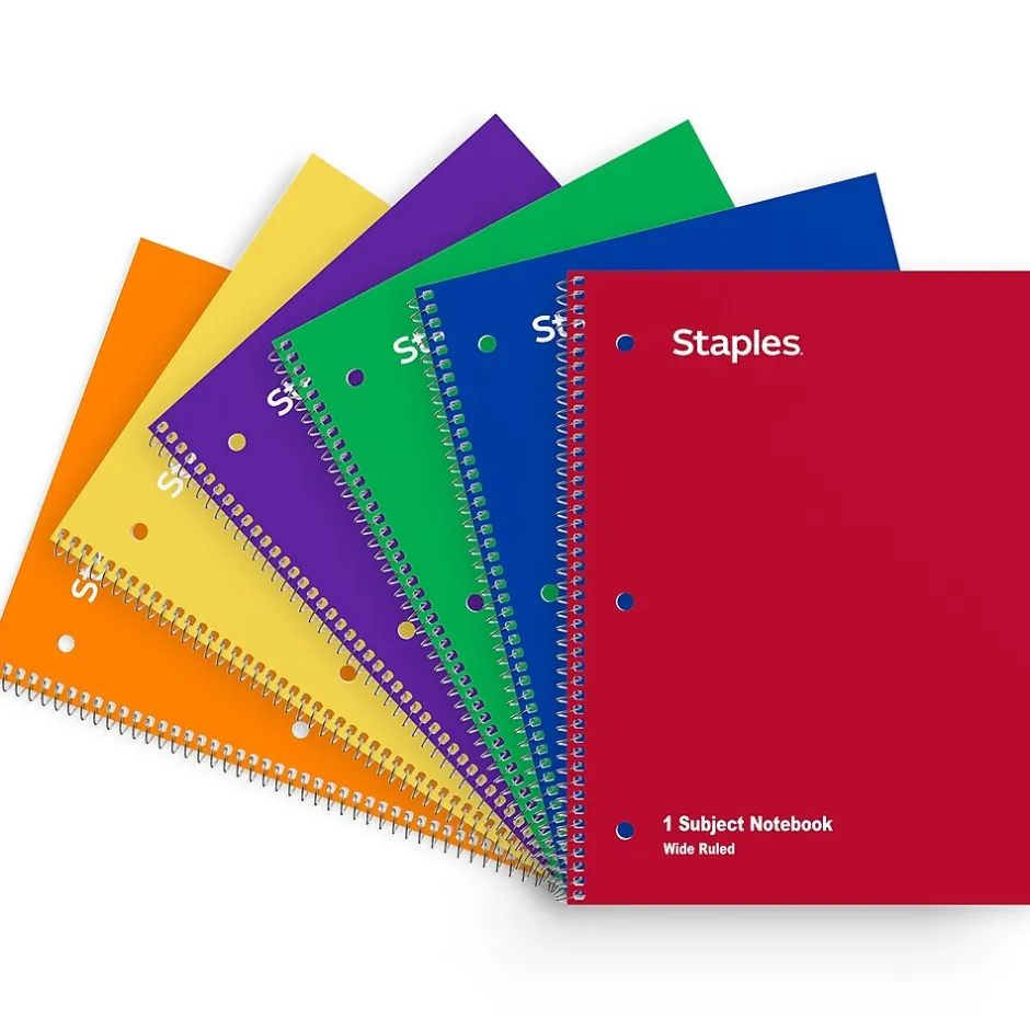 Staples 1-Subject Notebooks, 8" x 10.5", Wide Ruled, 70 Sheets, Assorted Colors, 6/Pack (ST11667C) Clearance