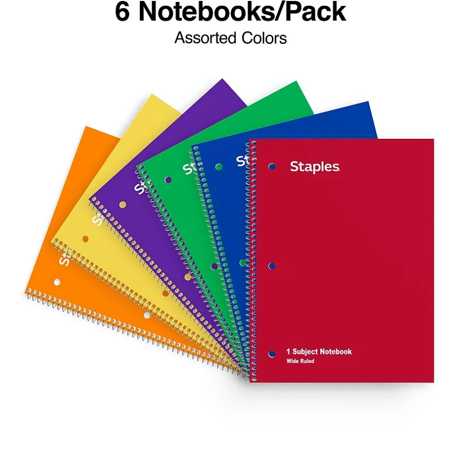 Staples 1-Subject Notebooks, 8" x 10.5", Wide Ruled, 70 Sheets, Assorted Colors, 6/Pack (ST11667C) Clearance