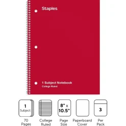Staples 1-Subject Notebooks, 8" x 10.5", College Ruled, 70 Sheets, Assorted Colors, 3/Pack (ST58375C)