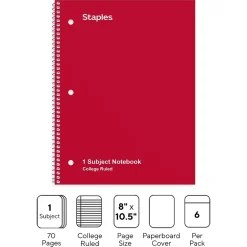 Staples 1-Subject Notebooks, 8" x 10.5", College Ruled, 70 Sheets, Assorted Colors, 6/Pack (ST58376C) Sale