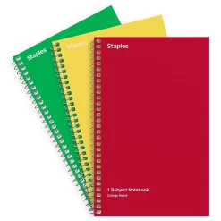 Staples 1-Subject Notebooks, 5" x 7.75", College Ruled, 80 Sheets, Assorted Colors, 3/Pack (ST11670C)