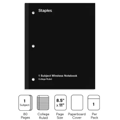 Staples ® 1-Subject Subject Notebooks, 8.5" x 11", College Ruled, 100 Sheets, Assorted (27628/54896)