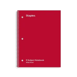 Staples ® 5-Subject Subject Notebooks, 8" x 10.5", Wide Ruled, 200 Sheets, Assorted Colors (52694M) Hot