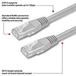 Ethernet Cables<Staples TECH 50' Cat-6 Ethernet Cable, Male to Male, Gray (ST62447)