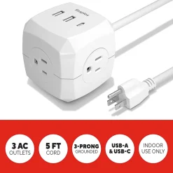 Extension Cords<Staples TECH 5' Extension Cord, 3-Outlet, 14 AWG, White (ST62348)