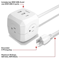 Extension Cords<Staples TECH 5' Extension Cord, 3-Outlet, 14 AWG, White (ST62348)