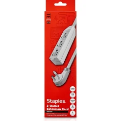 Extension Cords<Staples TECH 15' Extension Cord, 3-Outlet, 16 AWG, Gray, 2/Pack (ST62347)