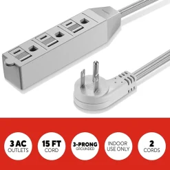 Extension Cords<Staples TECH 15' Extension Cord, 3-Outlet, 16 AWG, Gray, 2/Pack (ST62347)