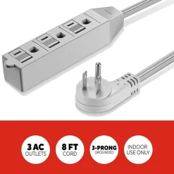 Extension Cords<Staples TECH 8' Extension Cord, 3-Outlet, 16 AWG, Gray (ST22131-CC)