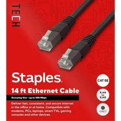 Ethernet Cables<Staples TECH 14 ft. Cat 5E Ethernet Cable, Male to Male, Gray (ST62449)