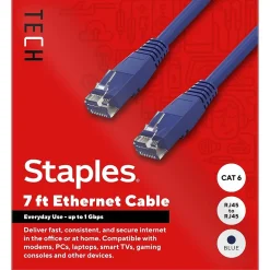 Ethernet Cables<Staples TECH 7 ft. Cat-6 Ethernet Cable, Male to Male, Blue (ST62454)