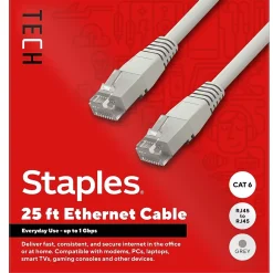 Ethernet Cables<Staples TECH 25 ft. Cat-6 Ethernet Cable, Male to Male, Gray (ST62446)