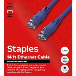 Ethernet Cables<Staples TECH 14 ft. Cat-6 Ethernet Cable, Male to Male, Blue (ST62455)