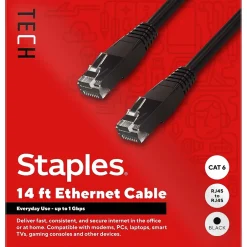 Ethernet Cables<Staples TECH 14 ft. Cat-6 Ethernet Cable, Male to Male, Black (ST62456)