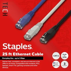Ethernet Cables<Staples TECH 25 ft. Cat-6 Ethernet Cable, Male to Male, Assorted Colors, 3/Pack (ST62460)