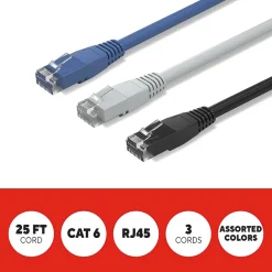 Ethernet Cables<Staples TECH 25 ft. Cat-6 Ethernet Cable, Male to Male, Assorted Colors, 3/Pack (ST62460)