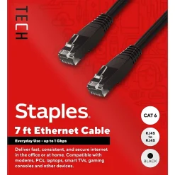 Ethernet Cables<Staples TECH 7 ft. Cat-6 Ethernet Cable, Male to Male, Black (ST62458)