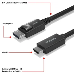 Ethernet Cables<Staples TECH 6 ft. Display Port to HDMI Audio/Video Cable, Male to Male, Black (ST62466)