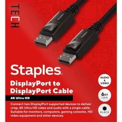 Ethernet Cables<Staples TECH 6 ft. Display Port to Display Port Audio/Video Cable, Male to Male, Black (ST62469)