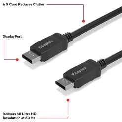 Ethernet Cables<Staples TECH 6 ft. Display Port to Display Port Audio/Video Cable, Male to Male, Black (ST62474)