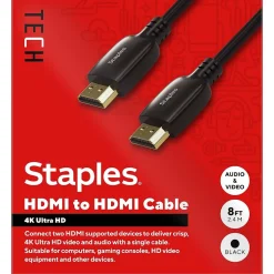 Hdmi Cables<Staples TECH 8 ft. HDMI to HDMI Audio/Video Cable, Male to Male, Black (ST62467)