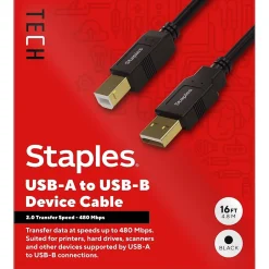 Ethernet Cables<Staples TECH 16 ft. USB-A to USB-B Cable, Male to Male, Black (ST62440)