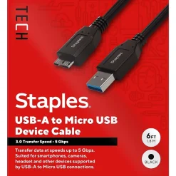 Usb Cables<Staples TECH 6 ft. USB-A to Micro USB Type B Cable, Male to Male, Black (ST62441)