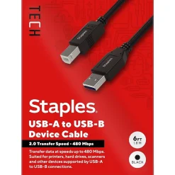 Usb Cables<Staples TECH 6 ft. USB-A to USB-B 2.0 Cable, Male to Male, Black (ST62438)