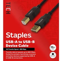 Usb Cables<Staples TECH 10 ft. USB-A to USB-B 2.0 Cable, Male to Male, Black (ST62443)