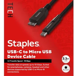 Usb Cables<Staples TECH 3.3 ft. USB-C to Micro USB Type-B Audio/Video Cable, Male to Male, Black (ST62445)