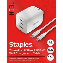 Staples TECH GaN USB-A/USB-C Wall Charger with Cable, 65W, White (ST62326)