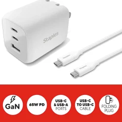 Staples TECH GaN USB-A/USB-C Wall Charger with Cable, 65W, White (ST62326)