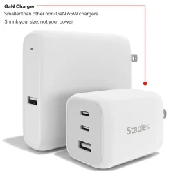 Staples TECH GaN USB-A/USB-C Wall Charger with Cable, 65W, White (ST62326)