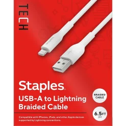 Staples TECH Lightning to USB-A Charging Cable, 6.6 ft., White (ST62331)