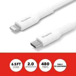 Staples TECH Lightning to USB-C Charging Cable, 6.5 ft., White (ST62333)