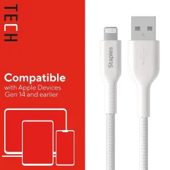 Staples TECH Lightning to USB-A Charging Cable, 3.3 ft., White (ST62329)