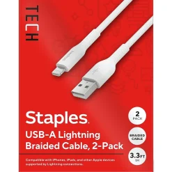 Staples TECH Lightning to USB-A Charging Cable, 3.3 ft., White, 2/Pack (ST62330)