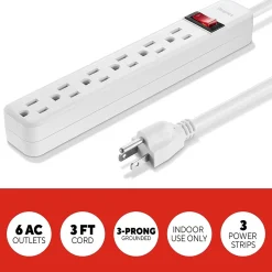 Surge Protectors & Power Strips<Staples TECH 6-Outlet Power Strip, 3' Cord, White, 3/Pack (42319)