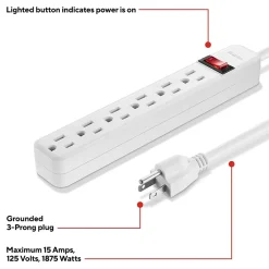 Surge Protectors & Power Strips<Staples TECH 6-Outlet Power Strip, 3' Cord, White, 3/Pack (42319)