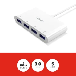 Usb Hubs<Staples TECH 4-Port USB 3.0 Hub, White (ST62380)