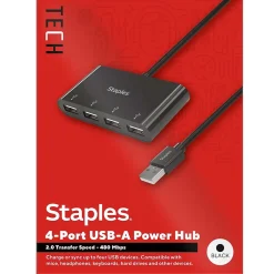Usb Hubs<Staples TECH 4-Port USB 2.0 Hub, Black (ST62379)