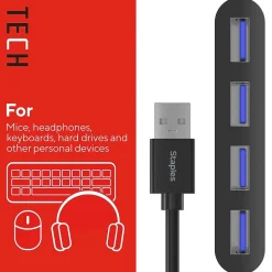 Usb Hubs<Staples TECH 4-Port USB 2.0 Hub, Black (ST62379)