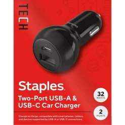 Staples TECH USB-A/USB-C Car Charger, 32W, Black (ST62340)
