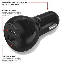 Staples TECH USB-A/USB-C Car Charger, 32W, Black (ST62340)