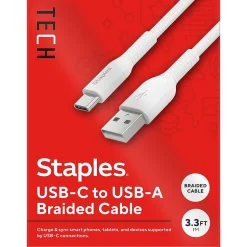 Staples TECH USB-C to USB-A Charging Cable, 3.3 ft., White (ST62337)