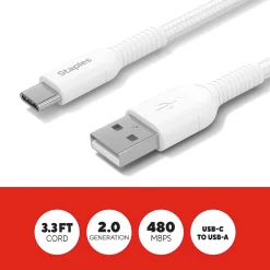 Staples TECH USB-C to USB-A Charging Cable, 3.3 ft., White (ST62337)